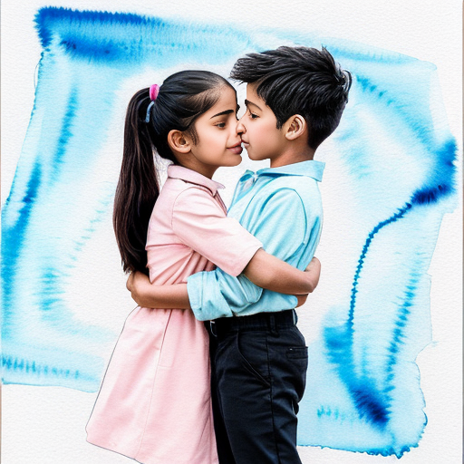 n Indian boy holding an Indian girl with his hands. 
The girl gently kisses the boy’s forehead. 
They both look like 21-year-old college students. 
The boy wears a light green shirt and black pants. 
The girl wears black pants, a sky blue top, and a black coat with shortand button closed . 
The girl’s skin tone is slightly darker than the boy’s. 
Background: a room with a plain white wall. 
The girl’s hair is tied neatly, like in a uniform style. 
Style: soft watercolor painting. 
Aura glow: pastel aura (pink + blue mix)