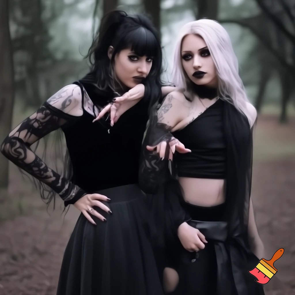 Two lesbian goth girls scissoring in the woods
