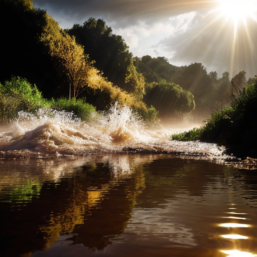 
"A dramatic cinematic shot of a powerful flash flood rushing through a Moroccan valley (Oued) with traditional red clay surroundings. In the foreground, a large, crystal-clear water drop is suspended in the air. Inside the drop, a reflection of a lush green forest is visible. The lighting is moody with golden hour sun rays. The style is hyper-realistic, 8k resolution, with a contrast between the muddy flood water and the pure blue drop."
