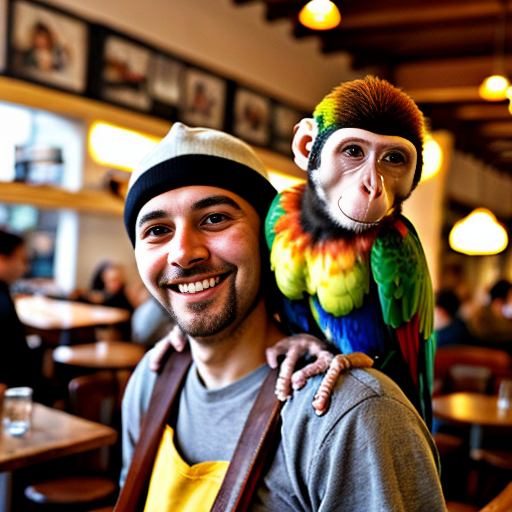 monkey carrying monkey baby with parrot on his shoulder in a cafe called 67 cafe