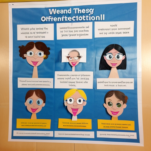 create school based Occupational Therapy team poster cartoon with 10 women and 1 man use scissors, glue, wheelchair,writing

