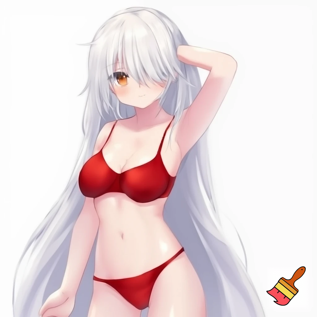 Anime girl 20 years old so cool and cute with red underwear clothes with white hair and her body is so white and shiny and do cool poses in white screen make it so anime and make it so cool and so so so cute and her ass is little big and cool and her hair is closing one of her eyes and her waist is so cool with her body and her body is so so so so so cool