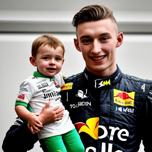 make an image of max verstappne hold a big johnsons baby oil next to charles lecrlec