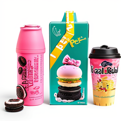 cree moi une image, un fond blanc avec une pere de asics gel kayano rose, une boisson oasis, un sac de macdo, un doudou hello kitty (que la tête), trois oreo, red bul vert
