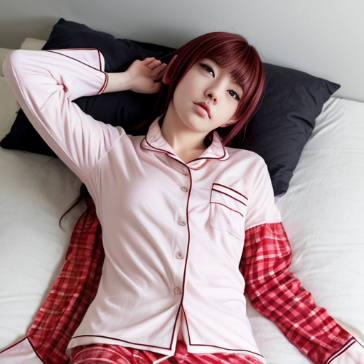 anime girl with red pajamas laying down
with white shirt


