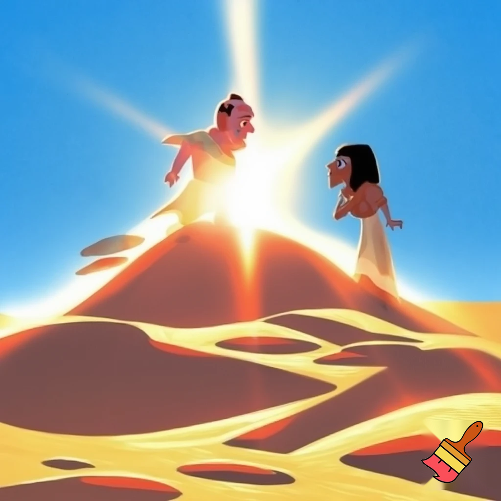 standing on sand dunes, bright desert sun, border between Rome and Egypt, comedic tone, cartoon style, both standing and facing each other.
