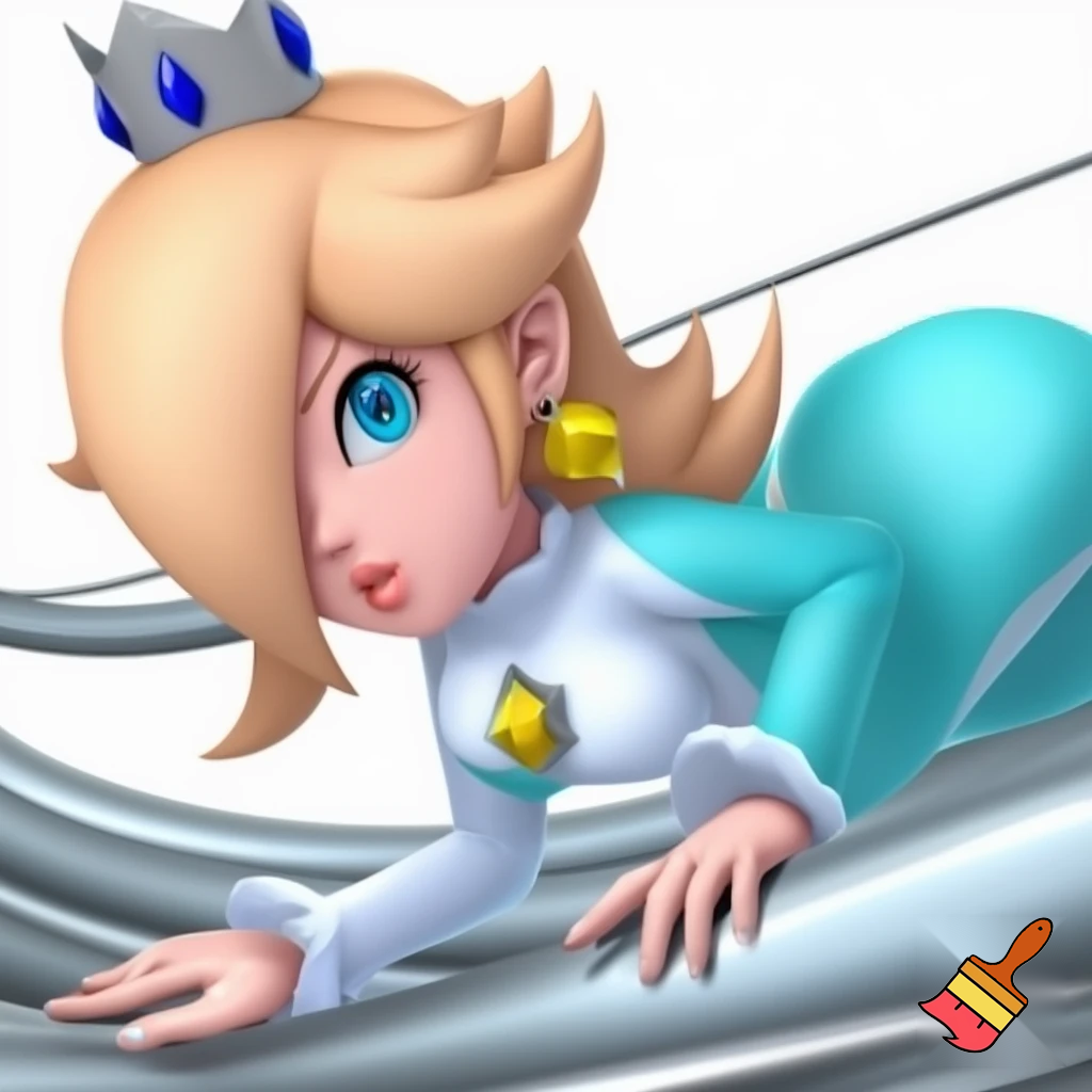Rosalina from super mario wears a white and light blue tight outfit crawling through silver tubes
