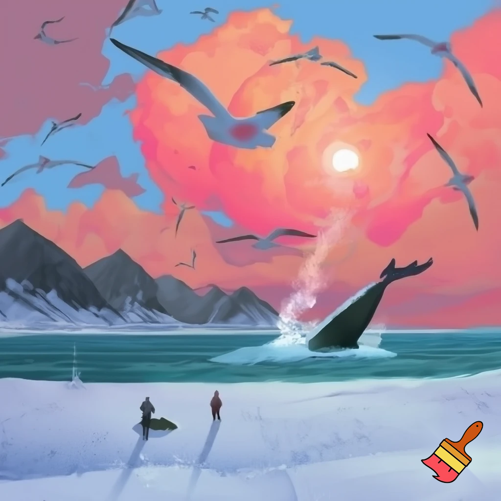 The sky was wrapped in a warm blanket of clouds whilst the sun peeped through.As I looked up,the seagulls cried out loudly as they gracefully flew across the sky.As I began walking across the velvety snow my cheeks turned bright red and my nose began to drip out water.When I opened my mouth a cloud of smoke burst out.

The mountains were grey and black.As I looked into the sky the clouds turned a bright pink and orange as they moved closer together like a happy family.The temperature dropped even lower and my legs felt like they were about to freeze  but i kept walking and didn't give up.The snow went onto my face and my hands started to become even colder but i still didn’t give up.

The waves splashed into the sky and sprayed onto my face.Whilst I wasn't looking a whale splashed out the water and into the sky my stomach dropped in shock.The water was a calm blue and green and I saw a turtle through it.
