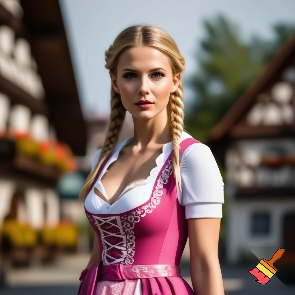 beautiful, blonde woman in a short,pink dirndl