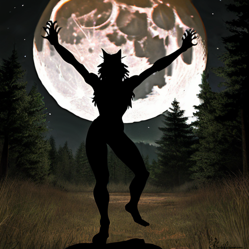 athletic female werewolf shifter. standing in front of the moon. dynamic pose. high quality. in the style of dungeons and dragons. detailed forest background.