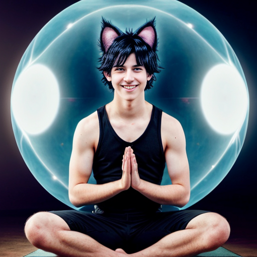 Мальчик подросток сидит в позе лотоса, с черными волосами, большими черными кошачьими ушами и хвостом, руки распододил на уровне груди ладони параллельно друг другу, а между руками магическая сфера сверкающая как космос. Один глаз у мальчика котенка янтарный, а второй голубой. На лице улыбка восторга как у ребенка что увидел конфету.