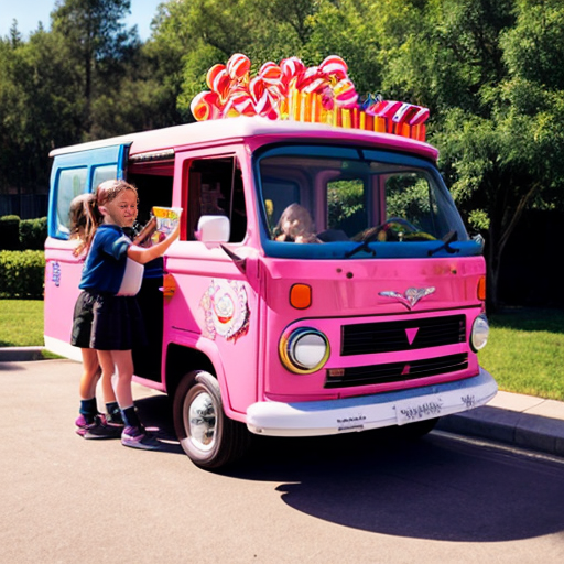 a free candy van with little kids hanging outside of it 