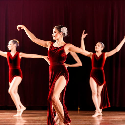 Mom dancing with group of boys a latin dance.she is wearing velvet leg slit dress.red rose on her hair.