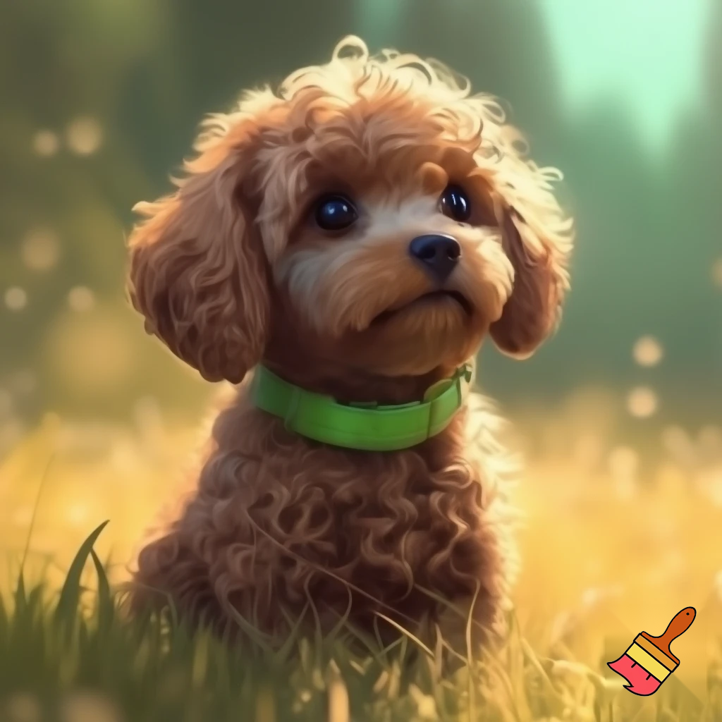 small brown curly haired dog with green collar