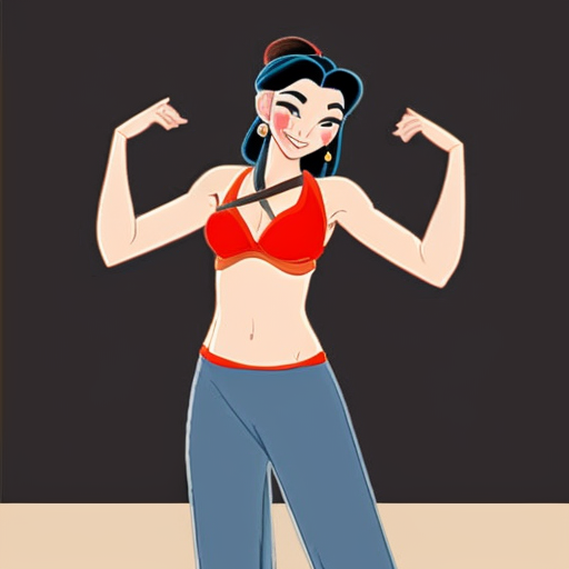 90's disney's 2d aladdin style comic dark blue background and panels of panel 1 Pocahontas barefoot with brown harem pants and bra with both hand palms place together and hiding the bottom of her mouth with a brown veil wrapped around her arms and attached to her head. 
panel 2 she danced with brown harem pants barefoot with brown bra and brown veil wrapped around her arms and shoulders and raising legs and panel 3 Pocahontas barefoot with brown harem pants and bra just bounced up and down her belly  and shook her hips left and right. 
panel 4 as Pocahontas barefoot with brown harem pants and bra spreading her arms, happily revealing her face to the viewer and giving a smile as she turns around shook her butt left and right. 
Panel 5 Pocahontas barefoot with brown harem pants and bra started to fading away , except her belly, which is bouncing around. 
Panel 6 then the ball transforms into the fading in belly of mulan  with red harem pants and red bra and red curved slippers with a  red veil wrapped around her arms and shoulders with her swaying her hips. 
Panel 7 mulan with red harem pants, red bra and red curved slippers and with a red veil wrapped around her arms and shoulders and with her hand palms place together between her chest and she gives a smile and winking her left eye.