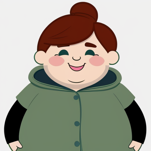A fat lady that wears a green coat, has bulging ankles, dirty sneakers, loose fleshy cheeks, neck covered by fat, sparse red hair pinned back by a plastic barrette, tiny face features, small blue eyes, and looks intimidating.