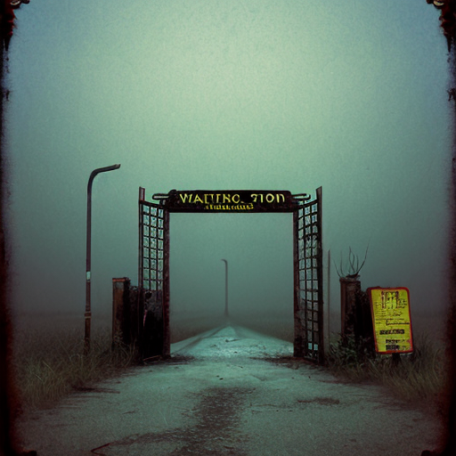 rusty gate of abandoned station, warning sign hanging crooked, night fog, horror mood
