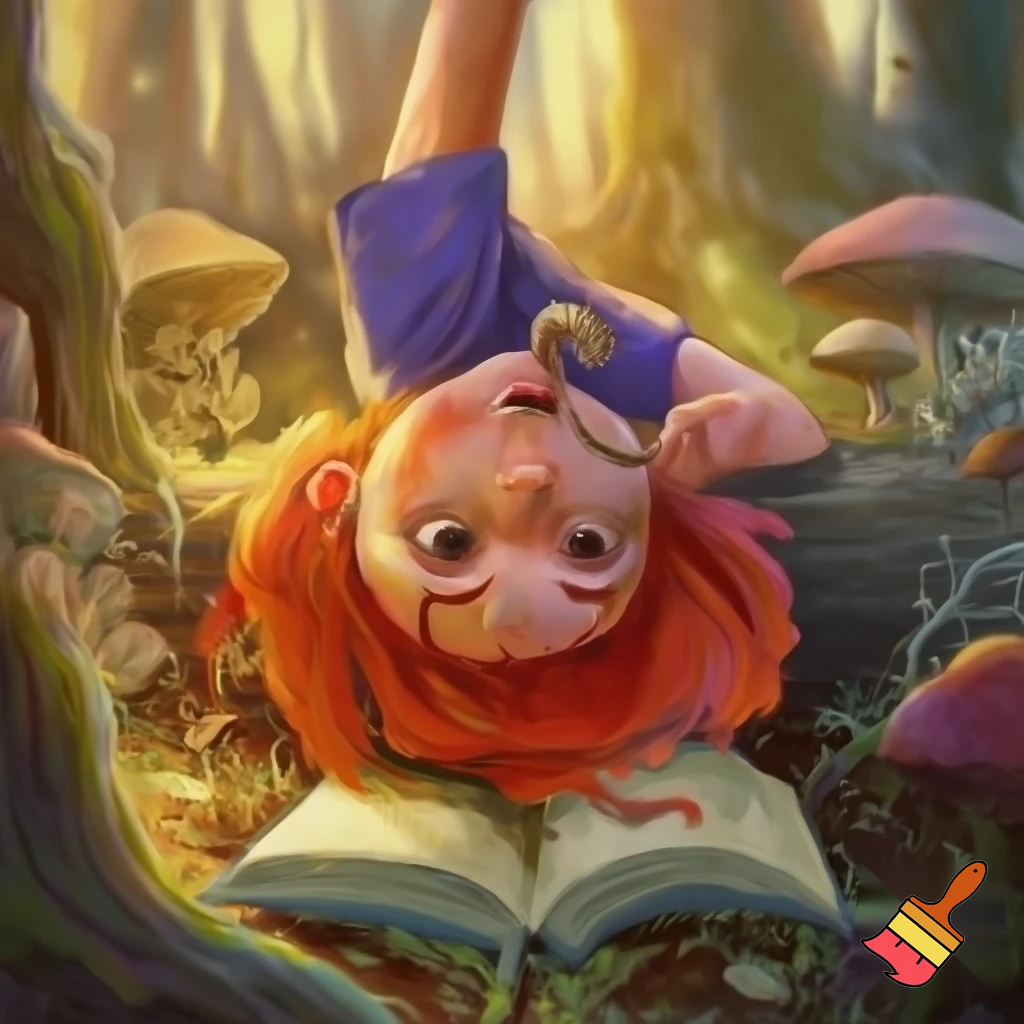 Red head 11 year old eating worms while reading a book upsidedown