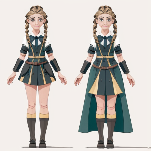Create an original female character in a vibrant, cartoon style, designed as a professional concept art reference sheet. Include multiple angles: front, back, and 3/4 views, as well as expressive poses showing movement and emotion. Present clean, crisp linework with polished shading and vibrant colors, ensuring each part of the character’s design is clearly visible. Include close-ups of key details such as clothing patterns, accessories, and hair, while keeping proportions stylized but consistent. The composition should resemble a high-quality character reference sheet used in animation or game design, with neat annotations or visual notes showing design elements, color palette swatches, and small accessory details. Lighting should be soft and even to showcase the design clearly, and the overall layout should feel professional, organized, and visually appealing, female, blonde blue and golden translucide extremely glowing hair, wavy long hair, school uniform. Pale skin, tall and slim, elegant tied hair with Braids, sword