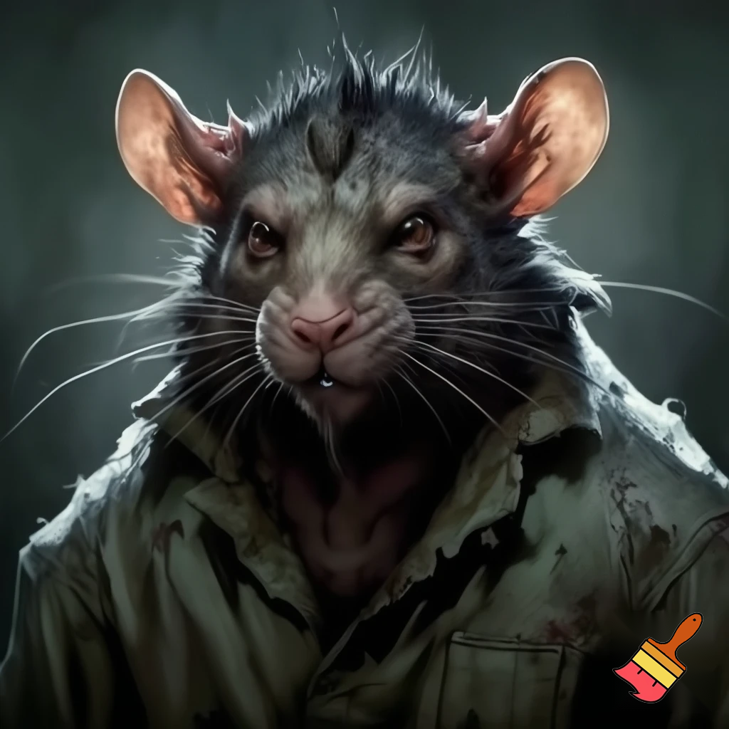 strong rat, evil, sinister, wearing prison outfit, mugshot style, no human

