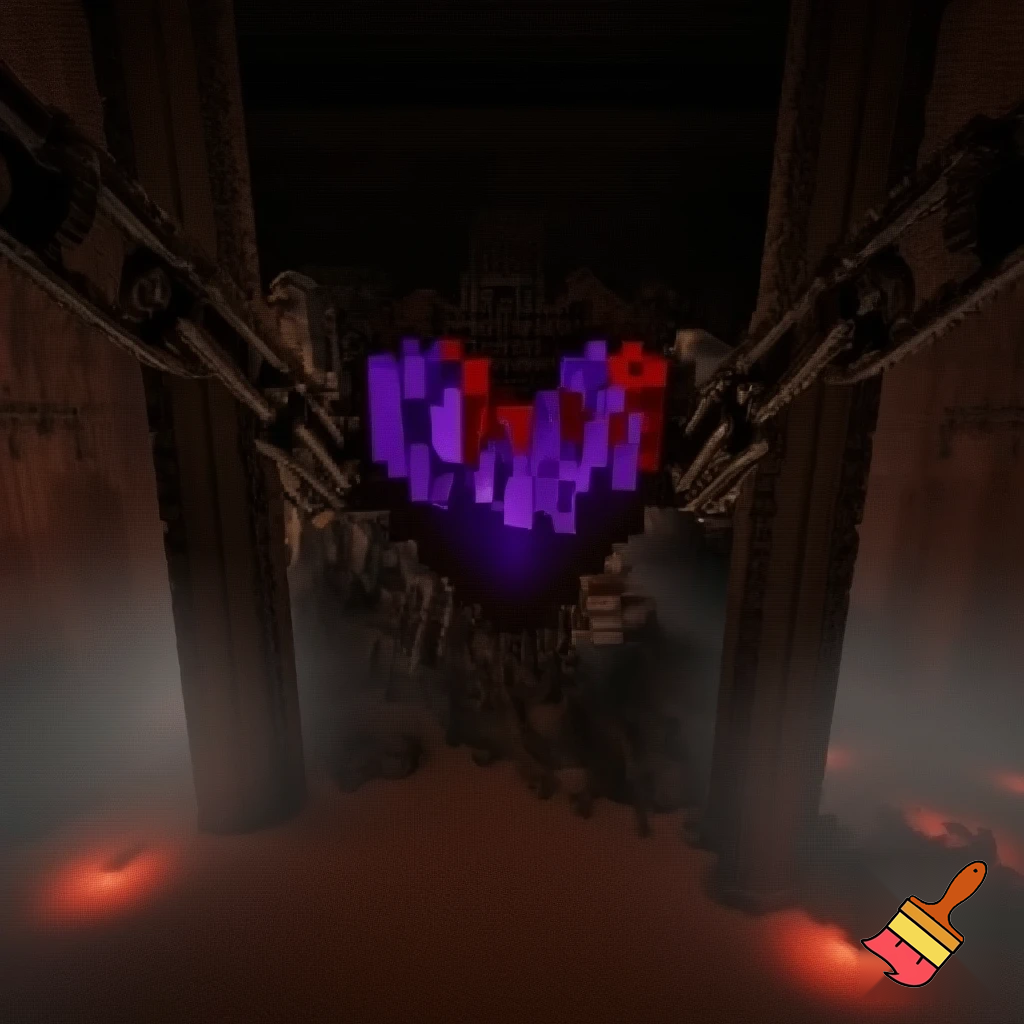 epic Minecraft interior, a colossal imprisoned energy heart made of amethyst and crying obsidian, held by massive iron chains in a deepslate temple, glowing redstone pulse, ancient broken machinery half-buried in walls, cinematic dark fantasy, volumetric fog, isometric