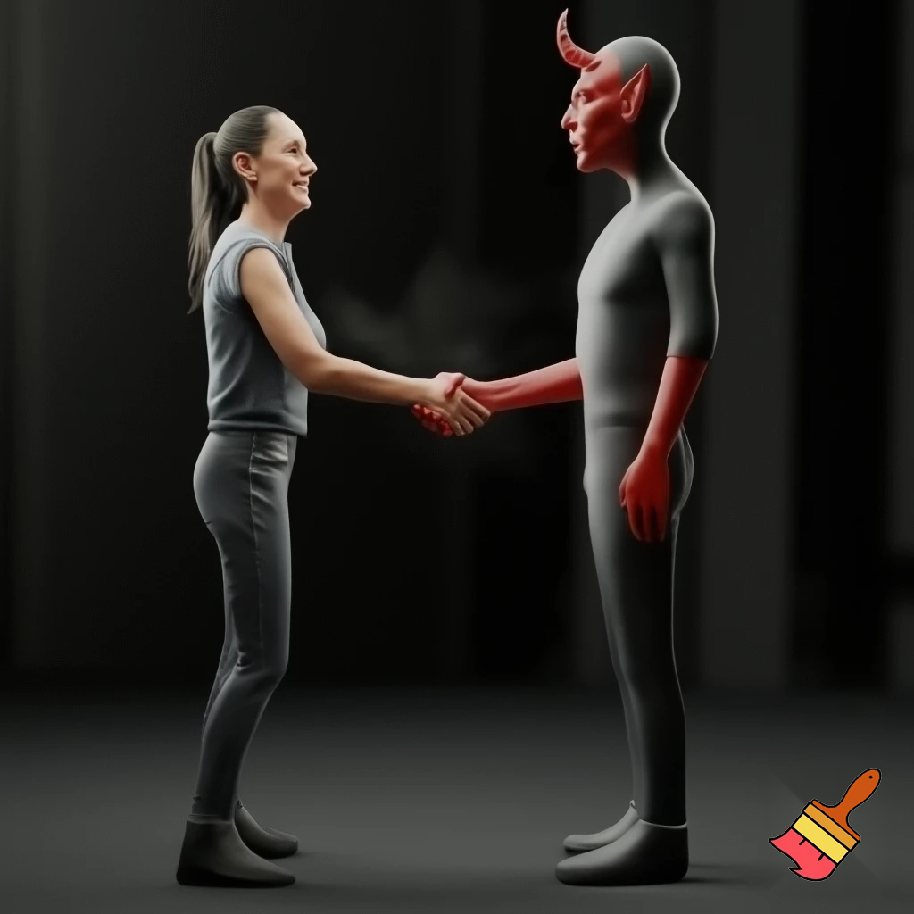 claudia sheinbaum holding hands with the devil and smiling, full body, making deals