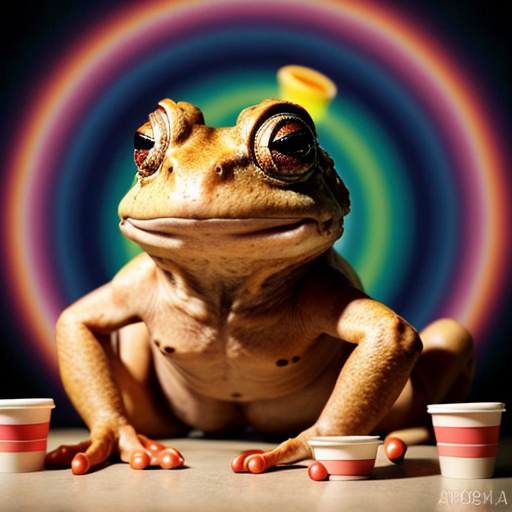 A hillarious, funny boho toad with some hippie colored coffee cups. Psychedelic decorated background.