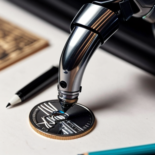 Un braccio robotico con mone di penna nera al posto delle dita che graffia nel vuoto