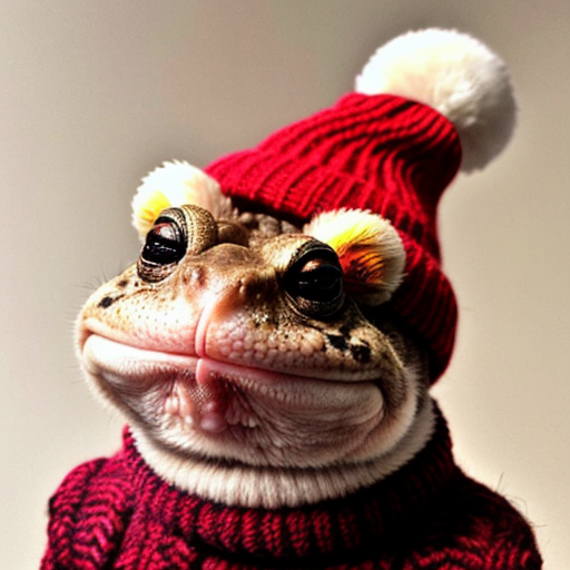 A laughable, puzzled animal toad in woolen, multicoloured winter clothings with woolen, funny winter cap. Hyperrealistic art style.