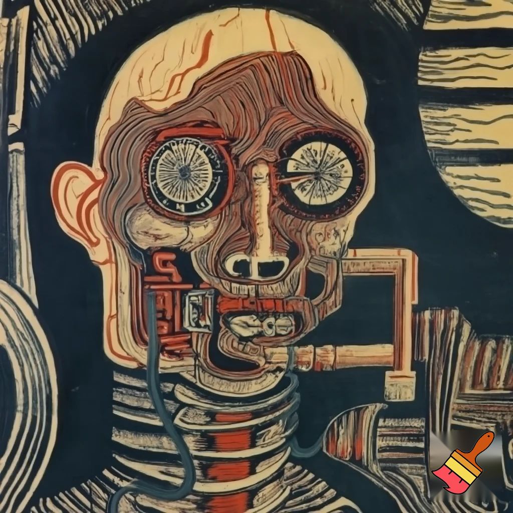 Bio-mechanical post-human noise art. In the style of a 1920's German Expressionist woodcut print.