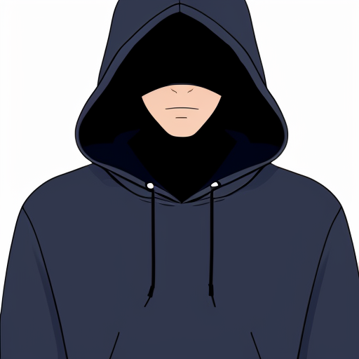  anime teenage boy wearing a dark blue hooded jumper with the hood up and his eyes are bright purple