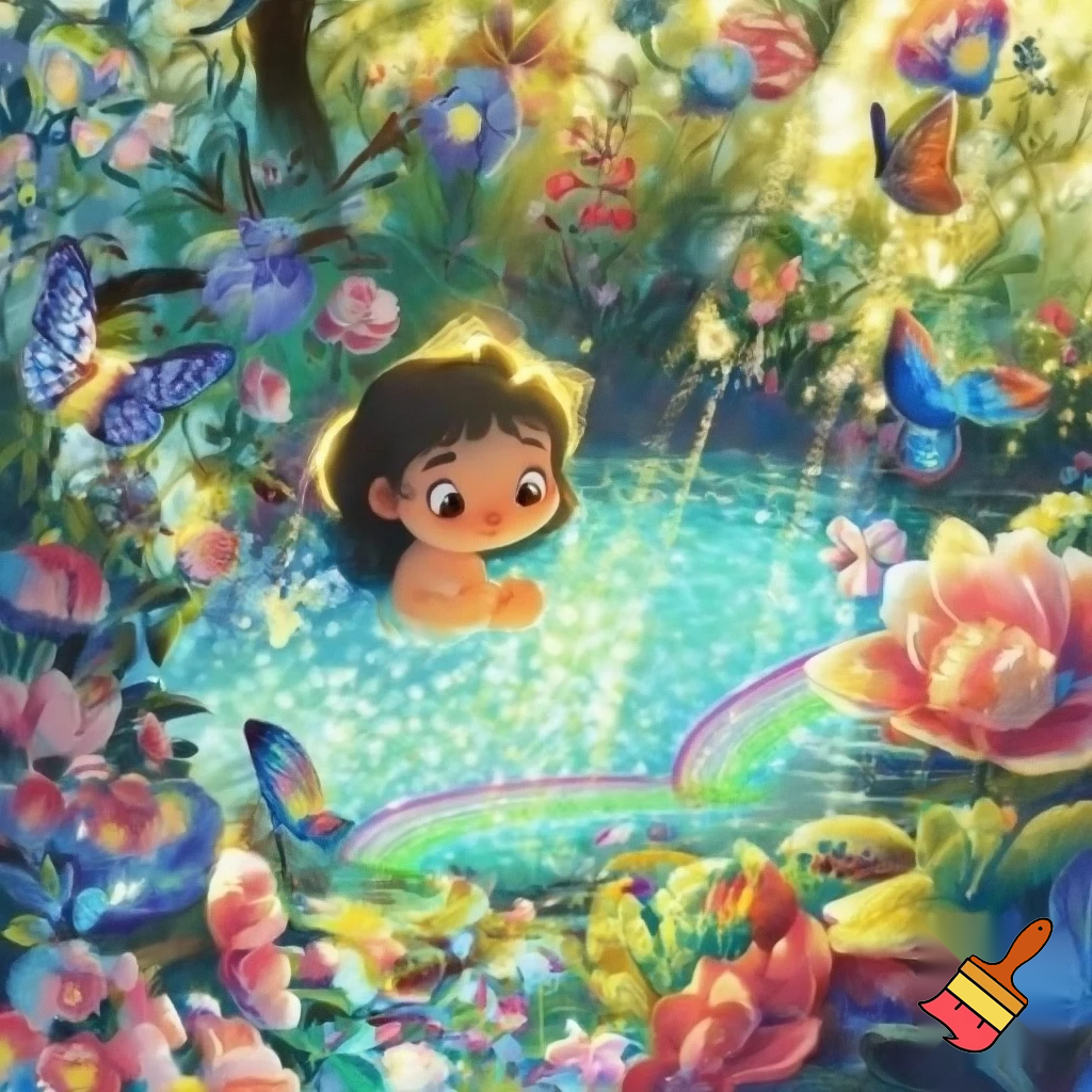 Маленькая девочка возле волшебного ручья набирает воду в ладошки, Всё блестит и сверкает от солнечного цвета, Вокруг красивые цветы, животные , птицы , стрекозы и бабочки
