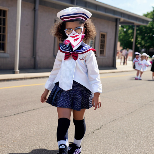 Cute adorable niña Chilindrina glasses con hair lazo curly con verano sailor uniforme escolar con zapatos negros escolar con calcetines blancos con sombrero sailor con grupal con caminar con desfile Estados Unidos América bandera con ciudad 67