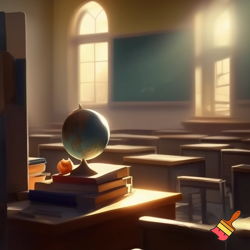 school background of a teacher desk view of someone (the cameraman ) standing in front of the desk no chair