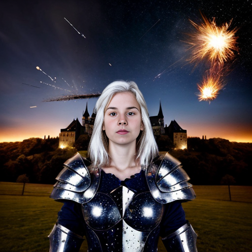 young white-haired woman in armor watches as meteorites fall on her castle
