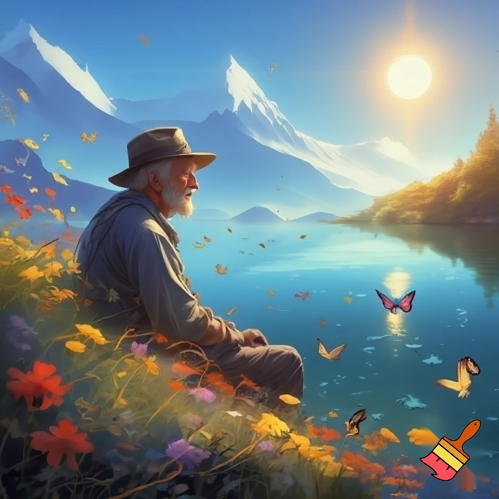 Ein älterer Mann sitzt an einem See und trägt einen Hut. Die Sonne scheint. Im Hintergrund sind hohe Berge zu sehen. Auf den Gipfeln liegt Schnee. Es blühen viele Blumen und es fliegen Schmetterlinge.