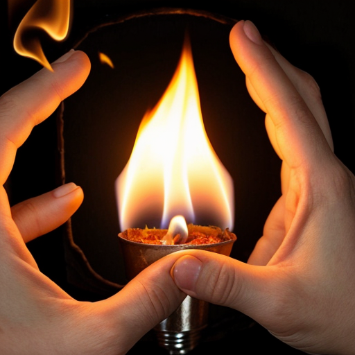 شعلة مضيئة تمسكها يد . و الخلفية مخطوطات قديمة
