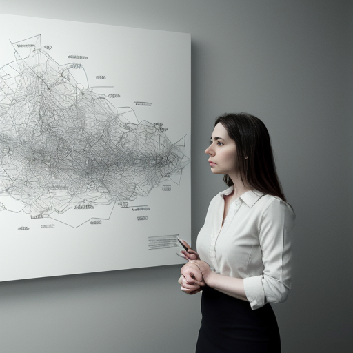 A calm, thoughtful professional woman standing in front of a large abstract map or schematic diagram with blurred and undefined paths, symbolizing uncertainty. She is not stressed, but reflective. Soft lighting, modern office environment, minimalist style, neutral tones. The mood conveys strategic thinking, responsibility, and long-term vision. Professional, realistic illustration or cinematic photography style.