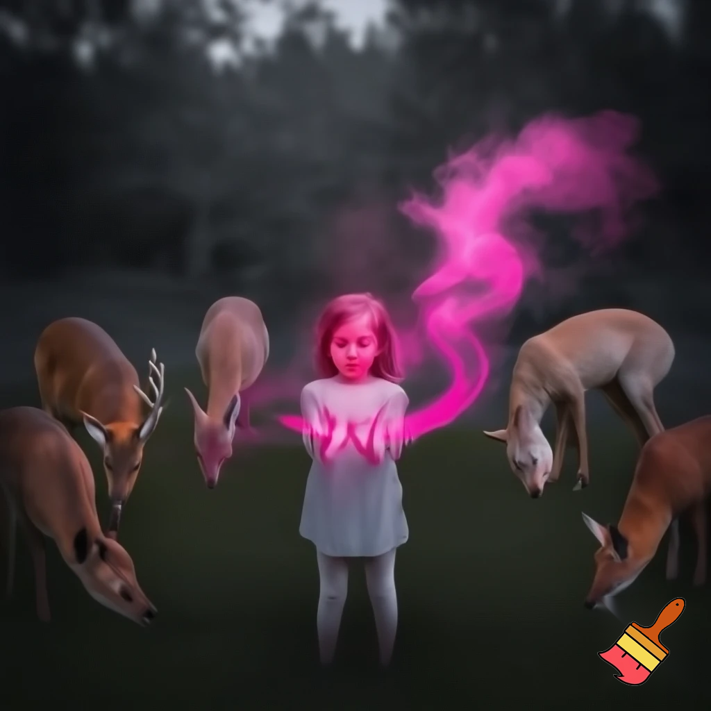 girl with her hands held out in front of her, pink smoke spilling from her hands, surrounded by bowing animals, all with pink glowing eyes