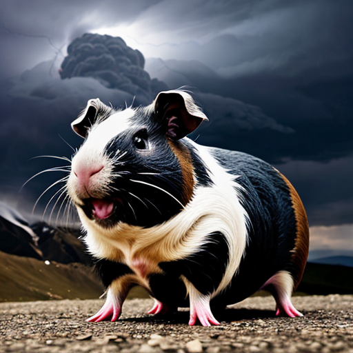 teddy the guinea pig is round in an epic pose with Elbrus on its back as part of its body, with blue neon eyes and atomic breath in the clouds and thunderstorm, with cinematic lighting for drama