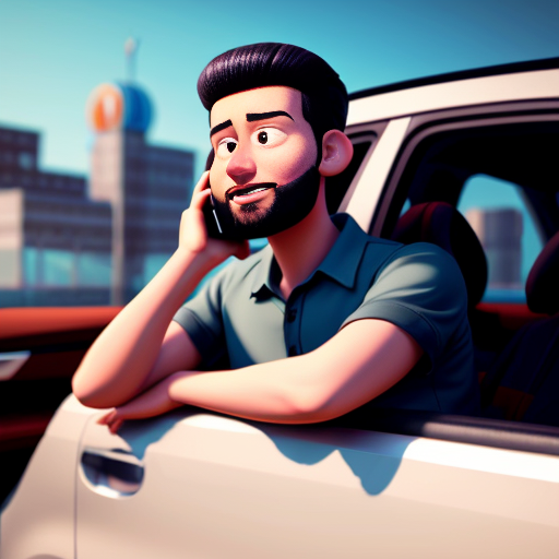 Pixar-style 3D cartoon, young Muslim man, 20 years old, beard, black jeans, white shirt, sitting in a car, holding phone to his ear, answering a call, relaxed pose, cartoon face with big expressive eyes, city visible through car windows in the background, bright friendly colors, cinematic lighting, simple cartoon style