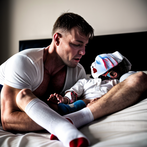 A photo of a European father with a muscular build. He is lying on a bed wearing socks and a shirt. His son is lying between his legs and is kissing his father's sport 🩲. The father is asleep.
