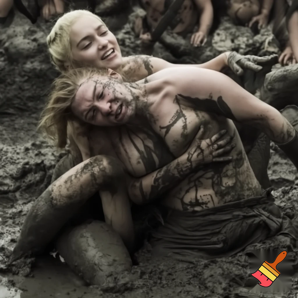 Daenerys Targaryen and Natalie Dormer wrestling in the mud , Natalie Dormer is under Daenerys and losing. Both are naked and all sweaty 
