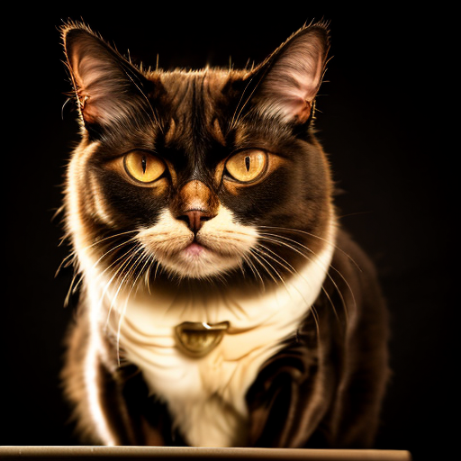 evil buff cat in a mugshot staring dim lights