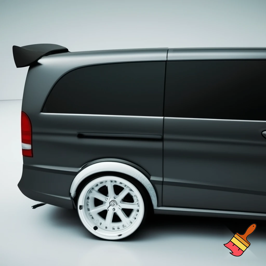 mercedes vito  w638, 19-inch rims braid - 28-inch white Selcus Wheels rims, has extra-large kit car spoiler, wide fenders, sunroof, no music, glazed.
