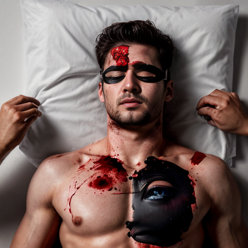 A shirtless man, face are hiding by shirt with cut on eye part, died, chest open wounded, blood everywhere, eye closed.