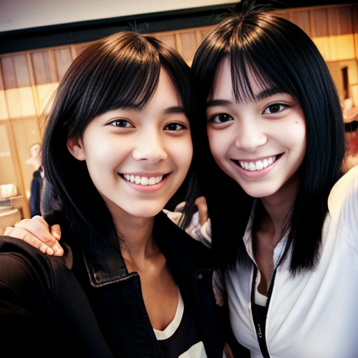 Kabuto Yakushi from Naruto side by side with a young woman with black hair that reaches to her shoulders. She has hazel eyes. She wears a black jacket with a white shirt. They're taking a selfie smiling. Manga style