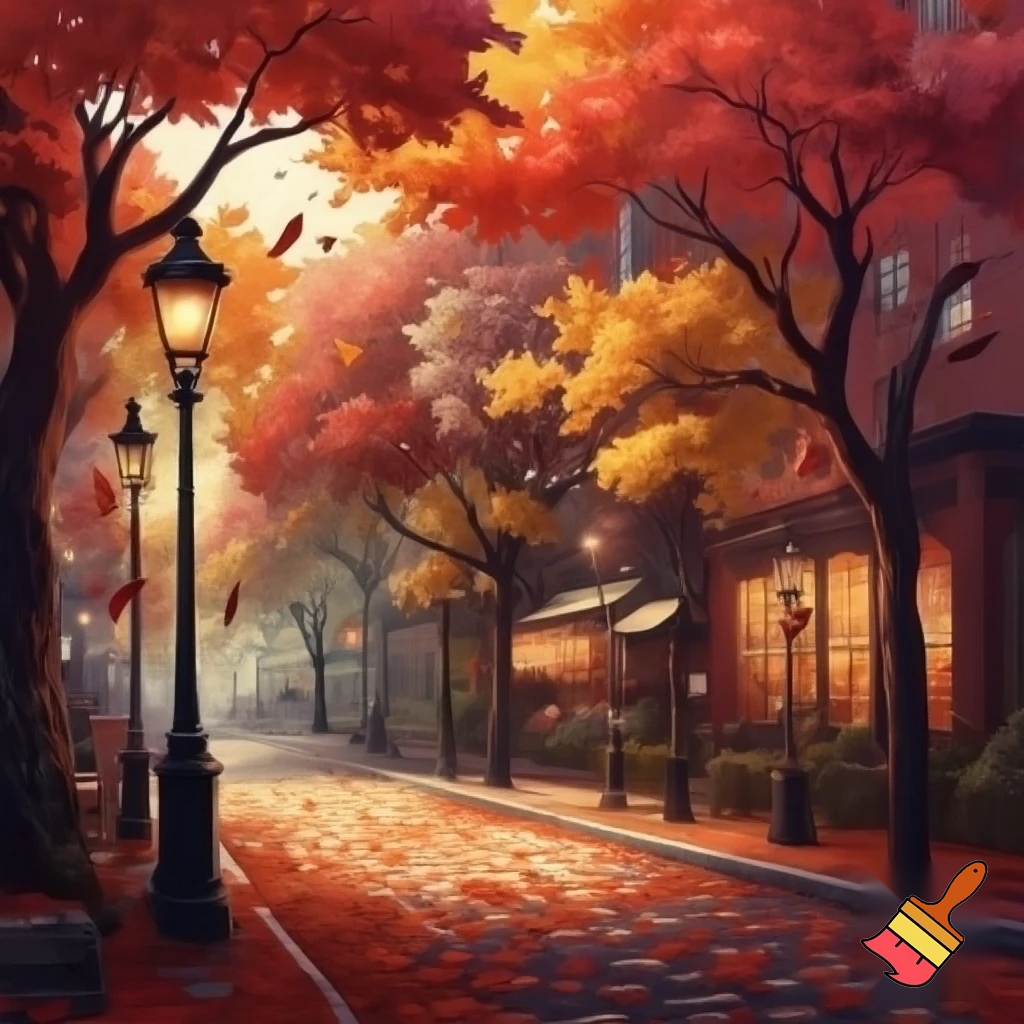 crea una imagen de un paisaje otoñal de una calle de una ciudad
