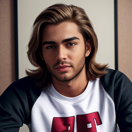 A man with brown heir as a short mullet and a red sweatshirt and black long pants