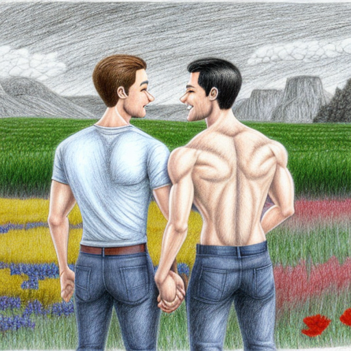 a pencil drawing in a cartoon style of 2 men holding each other romantically, one is muscular and has a short beard, the other is extremely thin and has a cane, put them in a field of flowers with nothing around but blue sky and mountains
